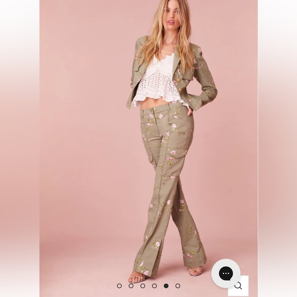 LoveShackFancy Atworth Cargo Embroidered pant Floral Size 12 Olive Green - Picture 4 of 16